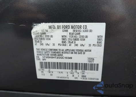 2016 Ford Explorer Platinum z USA, uszkodzony, nr VIN 1FM5K8HT2GGC10349